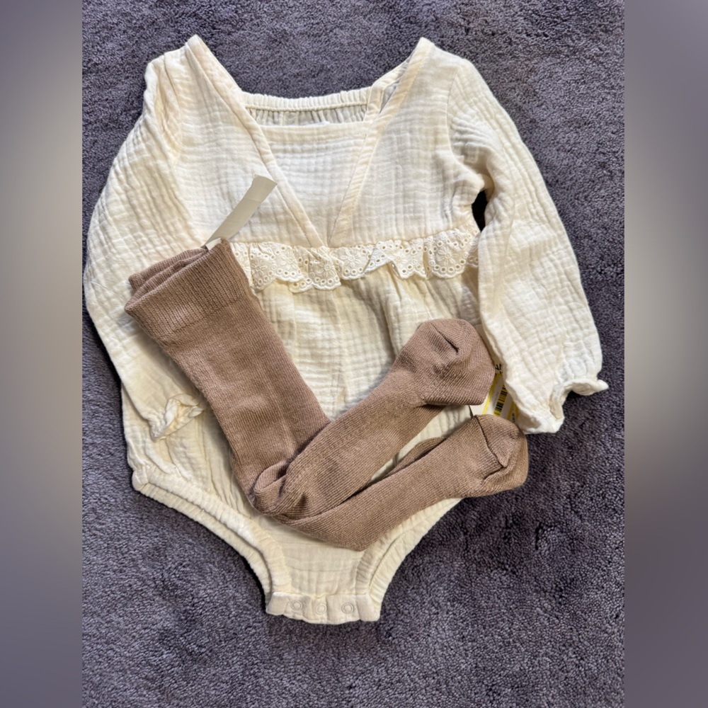 Infant Baby Girl Grayson Mini Gauze One Piece Bodysuit & Tights - Off White